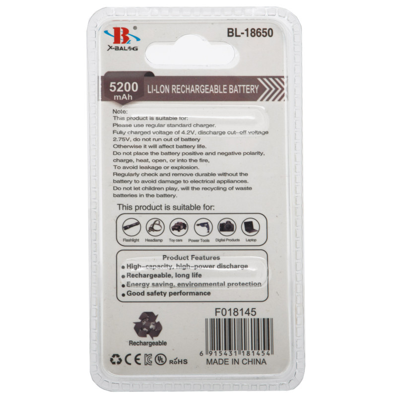 Акумуляторна батарея 18650 X-BALOG 18650 3.7V 4.2V 9.6wh 8800 mah 1шт