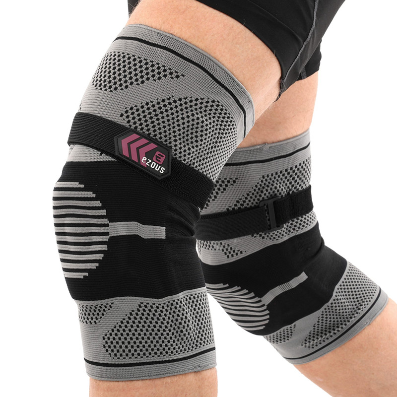 Наколінник бандаж еластичний з фіксуючим ременем KNEE BRACE EZOUS A-07 2шт M-XL сірий-чорний