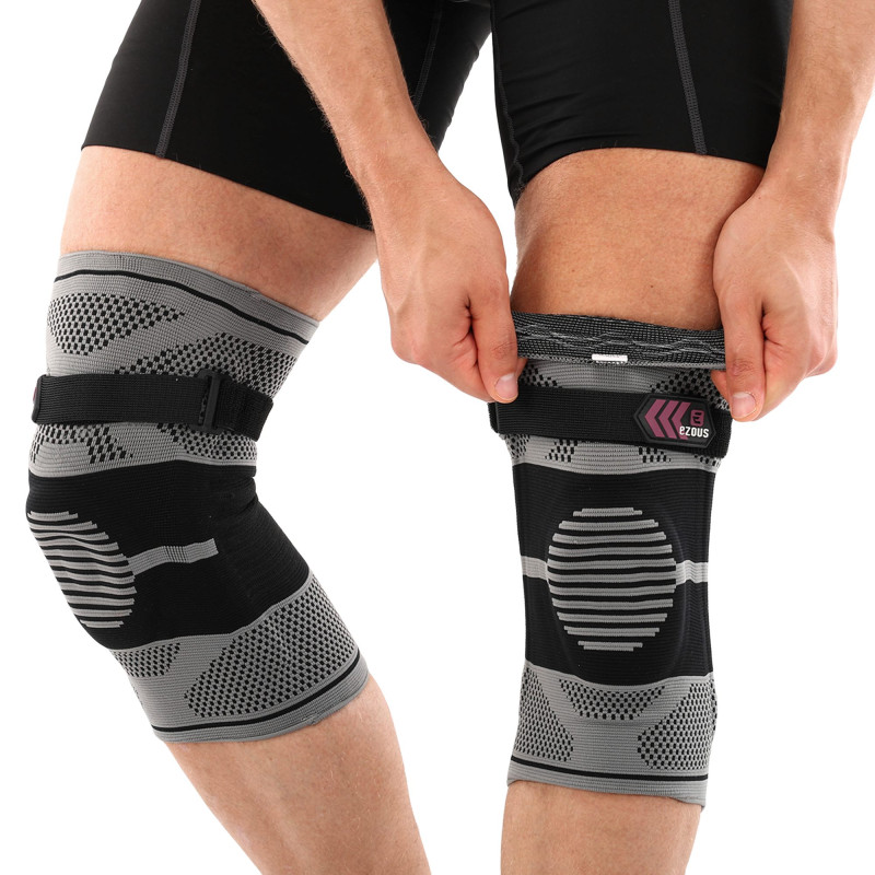 Наколінник бандаж еластичний з фіксуючим ременем KNEE BRACE EZOUS A-07 2шт M-XL сірий-чорний