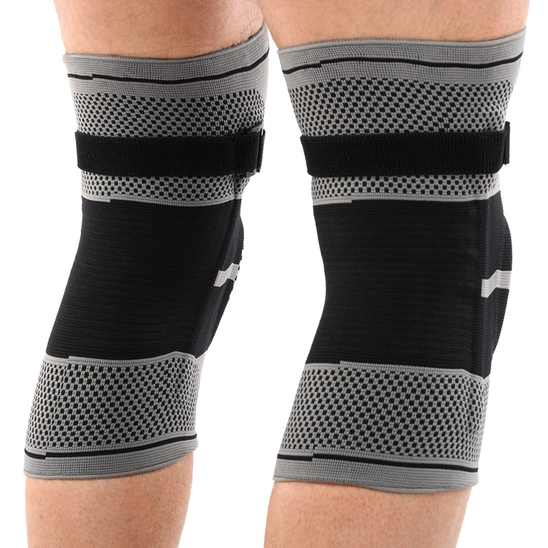 Наколінник бандаж еластичний з фіксуючим ременем KNEE BRACE EZOUS A-07 2шт M-XL сірий-чорний