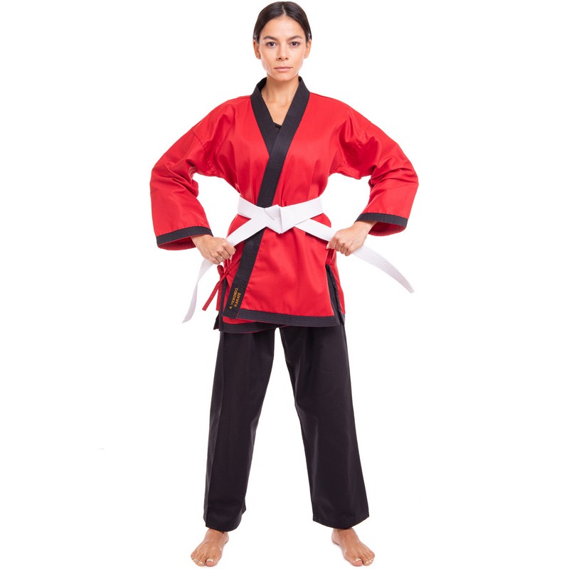 Кімоно для айкікендо карате куртка штани та пояс AYKIKENDO KARATE BALLONSTAR AKS 120-190см червоний-чорний