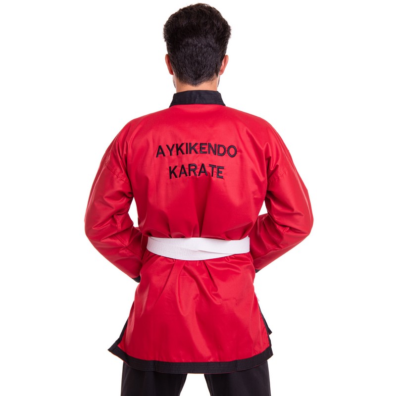 Кімоно для айкікендо карате куртка штани та пояс AYKIKENDO KARATE BALLONSTAR AKS 120-190см червоний-чорний