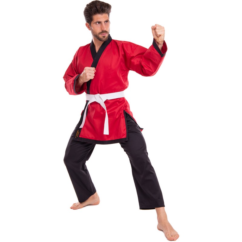 Кімоно для айкікендо карате куртка штани та пояс AYKIKENDO KARATE BALLONSTAR AKS 120-190см червоний-чорний