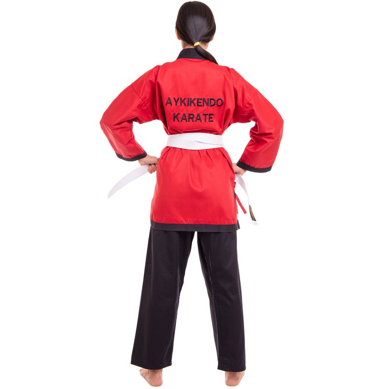 Кімоно для айкікендо карате куртка штани та пояс AYKIKENDO KARATE BALLONSTAR AKS 120-190см червоний-чорний