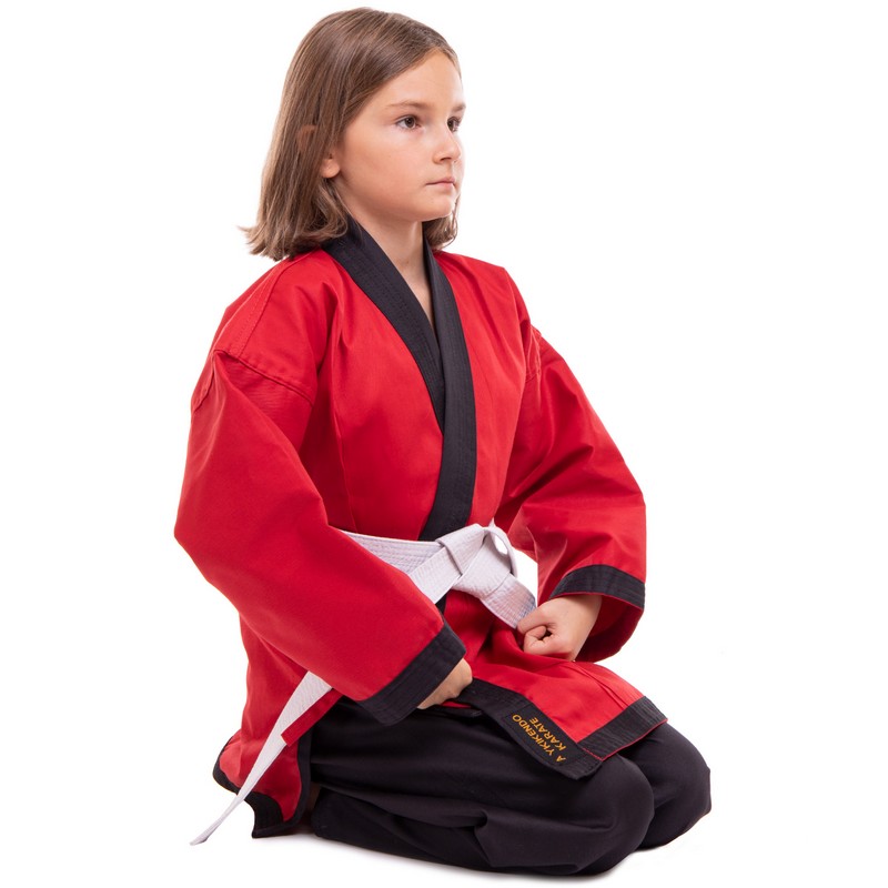 Кімоно для айкікендо карате куртка штани та пояс AYKIKENDO KARATE BALLONSTAR AKS 120-190см червоний-чорний