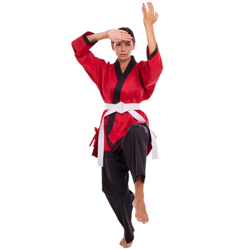 Кімоно для айкікендо карате куртка штани та пояс AYKIKENDO KARATE BALLONSTAR AKS 120-190см червоний-чорний