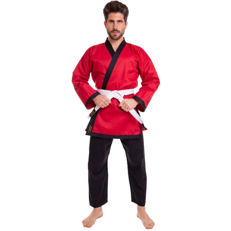 Кімоно для айкікендо карате куртка штани та пояс AYKIKENDO KARATE BALLONSTAR AKS 120-190см червоний-чорний