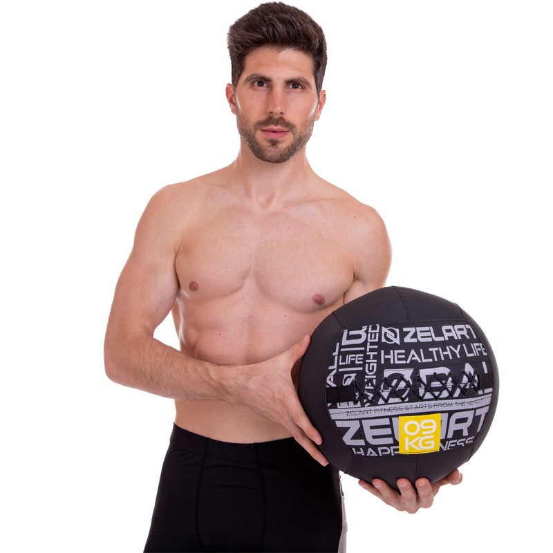 М'яч набивний медичний для кросфіту WALL BALL Zelart FI-2637-9 9кг чорний