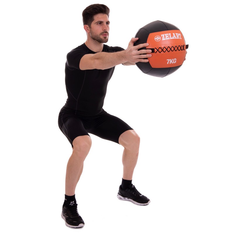 М'яч набивний медичний для кросфіту WALL BALL Zelart FI-5168-7 7кг чорний-помаранчевий