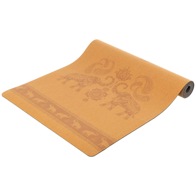Килимок для йоги Пробковий каучуковий двошаровий Yoga mat Record FI-7156-1 183x61мx0.4cм з принтом Марш Слонів коричневий
