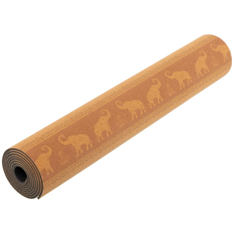 Килимок для йоги Пробковий каучуковий двошаровий Yoga mat Record FI-7156-1 183x61мx0.4cм з принтом Марш Слонів коричневий