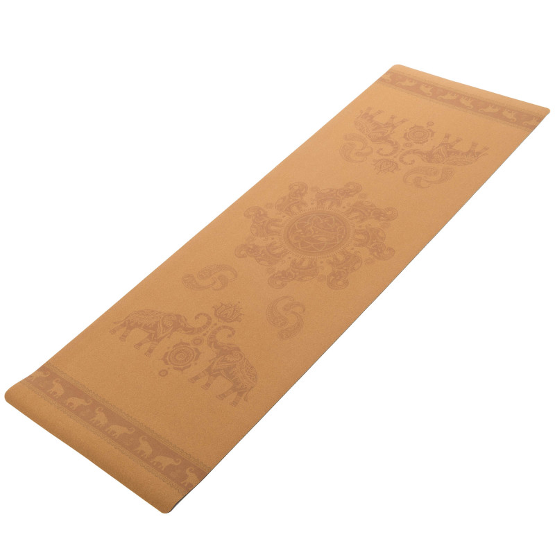 Килимок для йоги Пробковий каучуковий двошаровий Yoga mat Record FI-7156-1 183x61мx0.4cм з принтом Марш Слонів коричневий