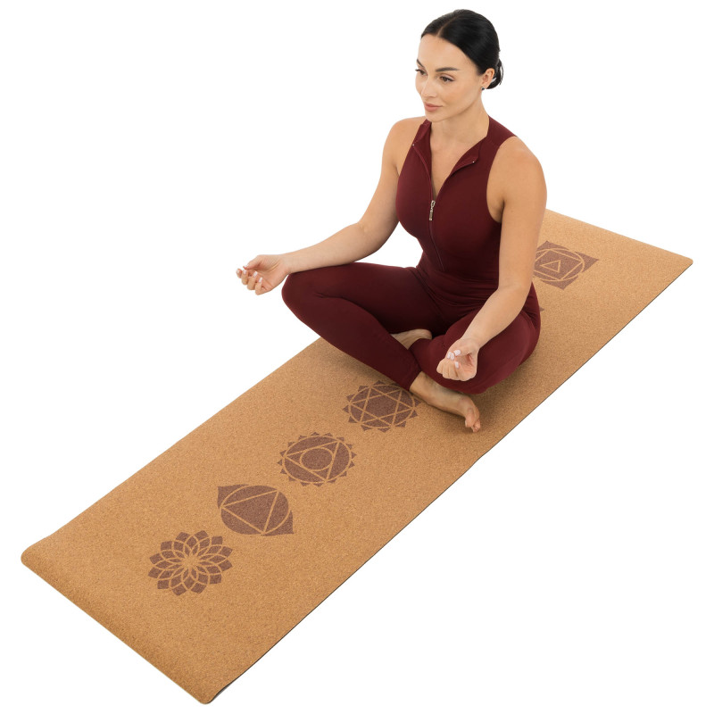 Килимок для йоги Пробковий каучуковий двошаровий Yoga mat Record FI-7156-2 183x61мx0.4cм з принтом Чакри коричневий