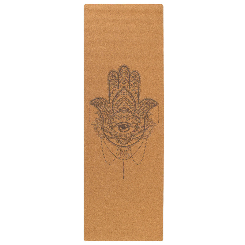 Килимок для йоги Пробковий каучуковий двошаровий Yoga mat Record FI-7156-6 183x61мx0.4cм з принтом Хамса коричневий