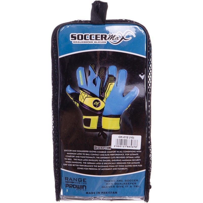 Рукавиці воротарські професійні із захистом пальців SOCCERMAX GK-012 розмір 7-11 синій-чорний-лимонний