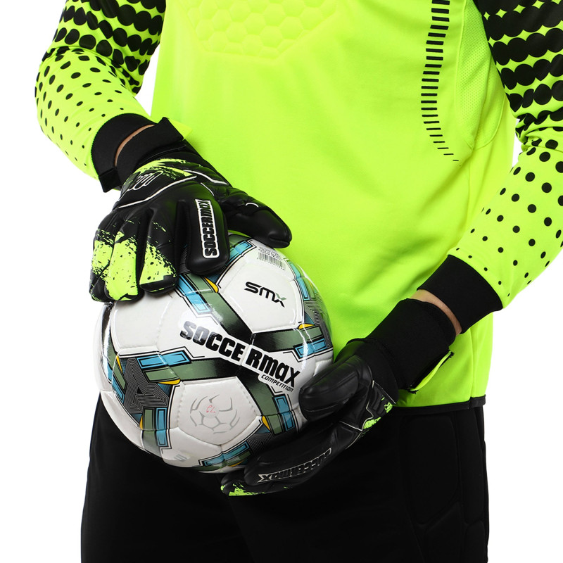Рукавиці воротарські професійні із захистом пальців SOCCERMAX GK-4315 розмір 7-11 чорний-салатовий