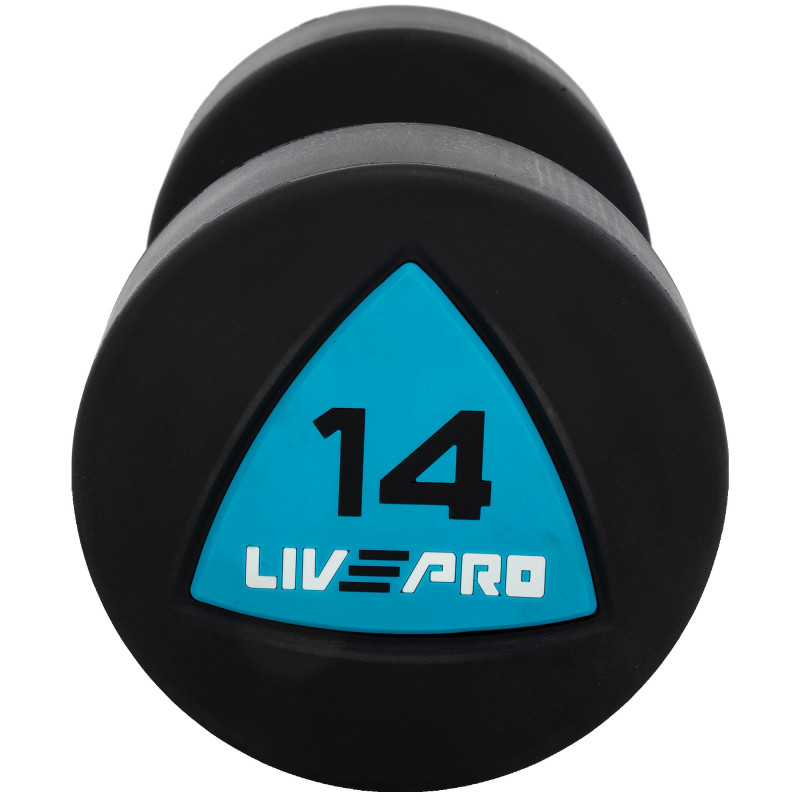Гантелі цільні професійні з поліуретановим покриттям LiveUp LP8002-14 2шт по 14кг чорний-синій