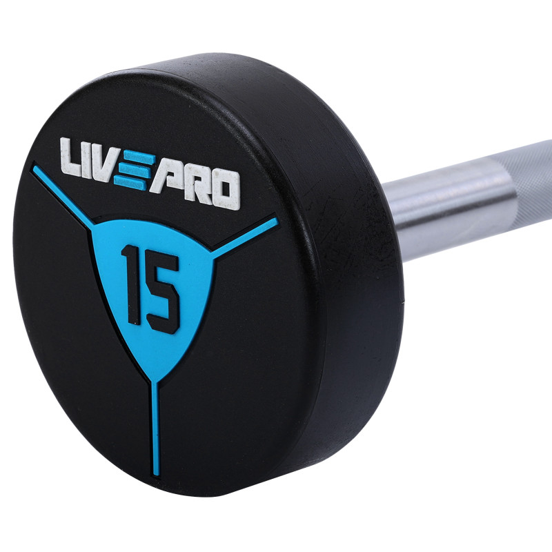 Штанга нерозбірна з фіксованою вагою пряма поліуретанова LiveUp LP8010-15 довжина-89,2см 15кг чорний-синій