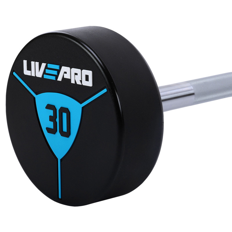 Штанга нерозбірна з фіксованою вагою пряма поліуретанова LiveUp LP8010-30 довжина-89,2см 30кг чорний-синій