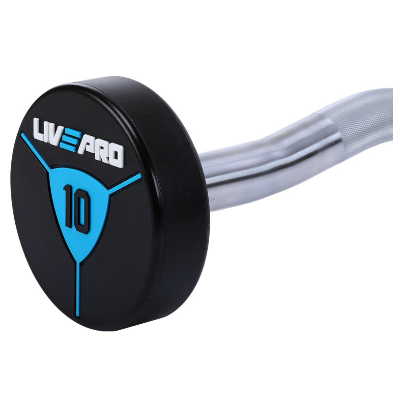 Штанга нерозбірна з фіксованою вагою вигнута поліуретанова LiveUp LP8011-10 довжина-89,2см 10кг чорний-синій