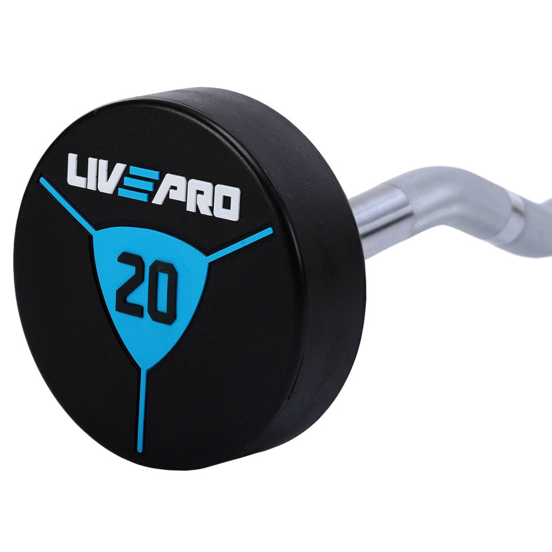 Штанга нерозбірна з фіксованою вагою вигнута поліуретанова LiveUp LP8011-20 довжина-89,2см 20кг чорний-синій