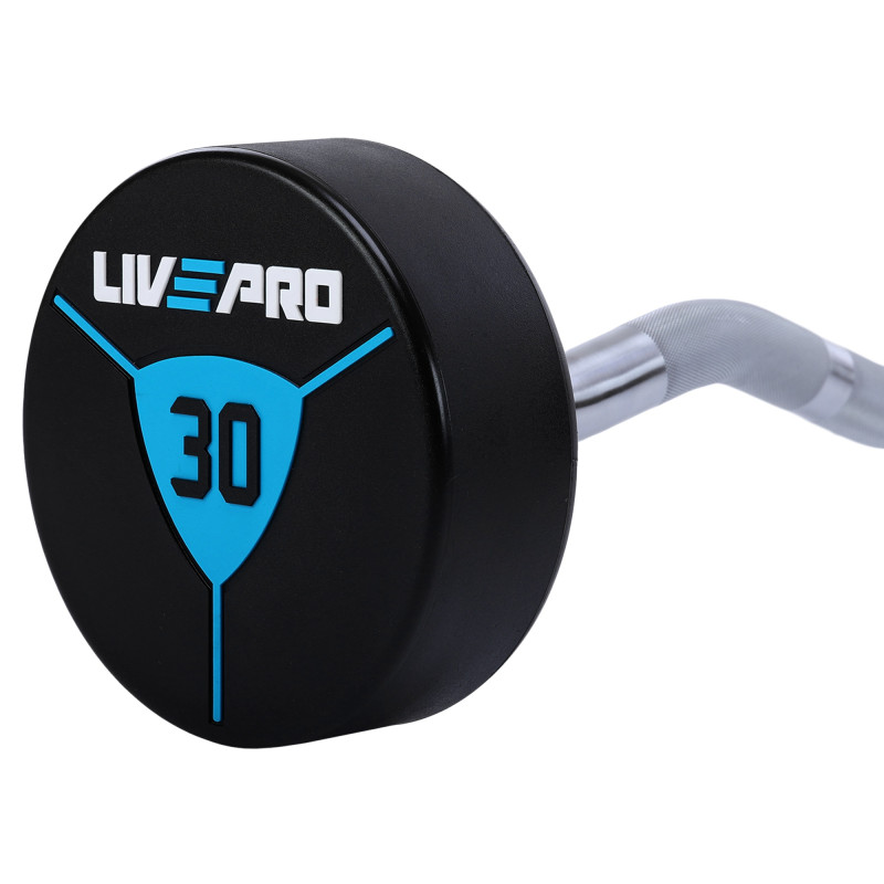 Штанга нерозбірна з фіксованою вагою вигнута поліуретанова LiveUp LP8011-30 довжина-89,2см 30кг чорний-синій
