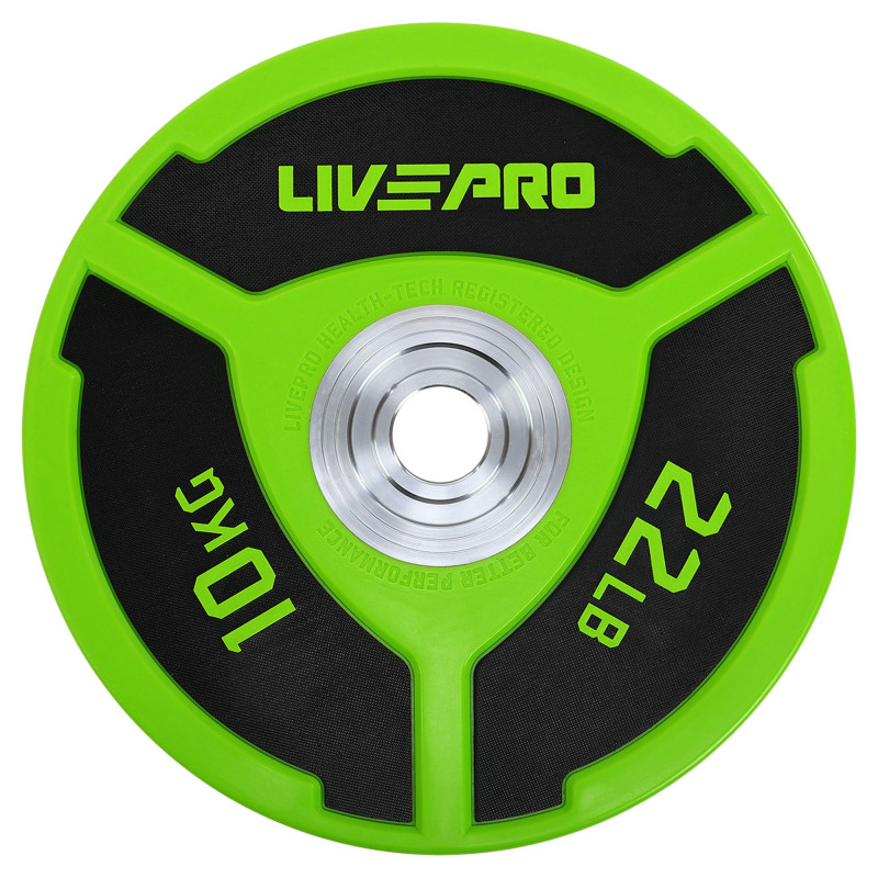 Бамперні диски поліуретанові Bumper Plates LiveUp LP8027-10 ø50.5мм 10кг зелений-чорний