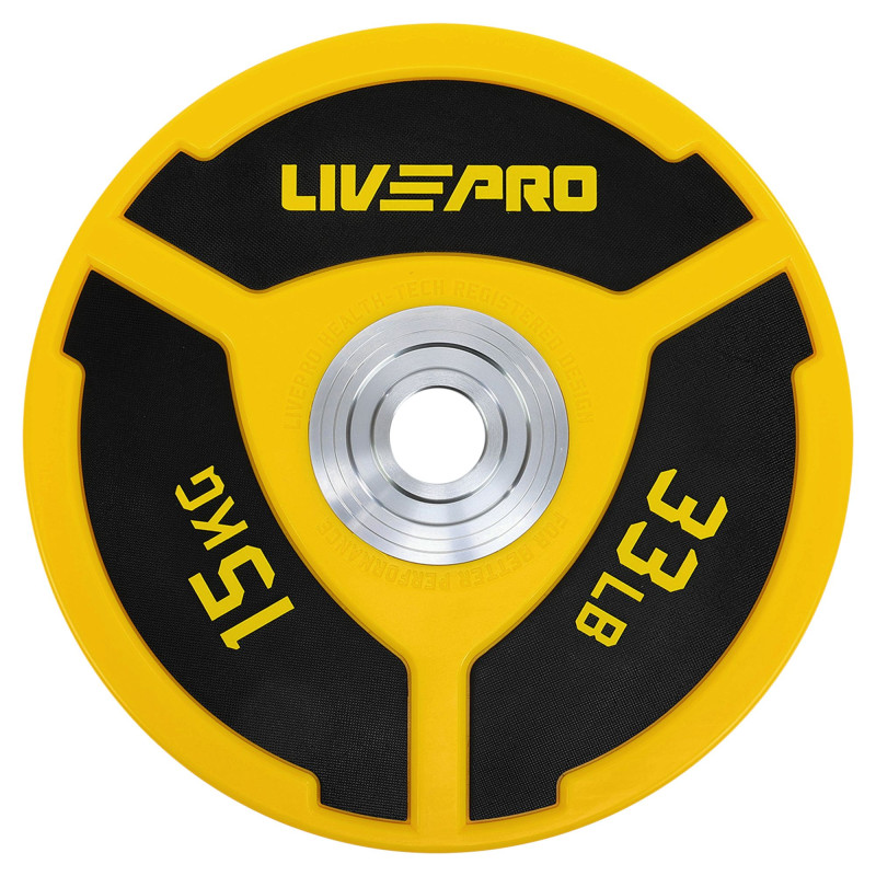 Бамперні диски поліуретанові Bumper Plates LiveUp LP8027-15 ø50.5мм 15кг жовтий-чорний