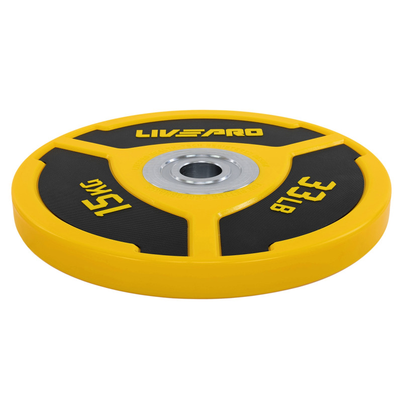 Бамперні диски поліуретанові Bumper Plates LiveUp LP8027-15 ø50.5мм 15кг жовтий-чорний