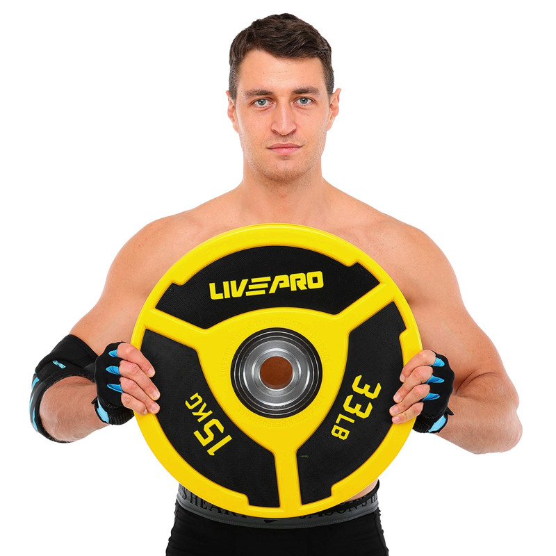 Бамперні диски поліуретанові Bumper Plates LiveUp LP8027-15 ø50.5мм 15кг жовтий-чорний
