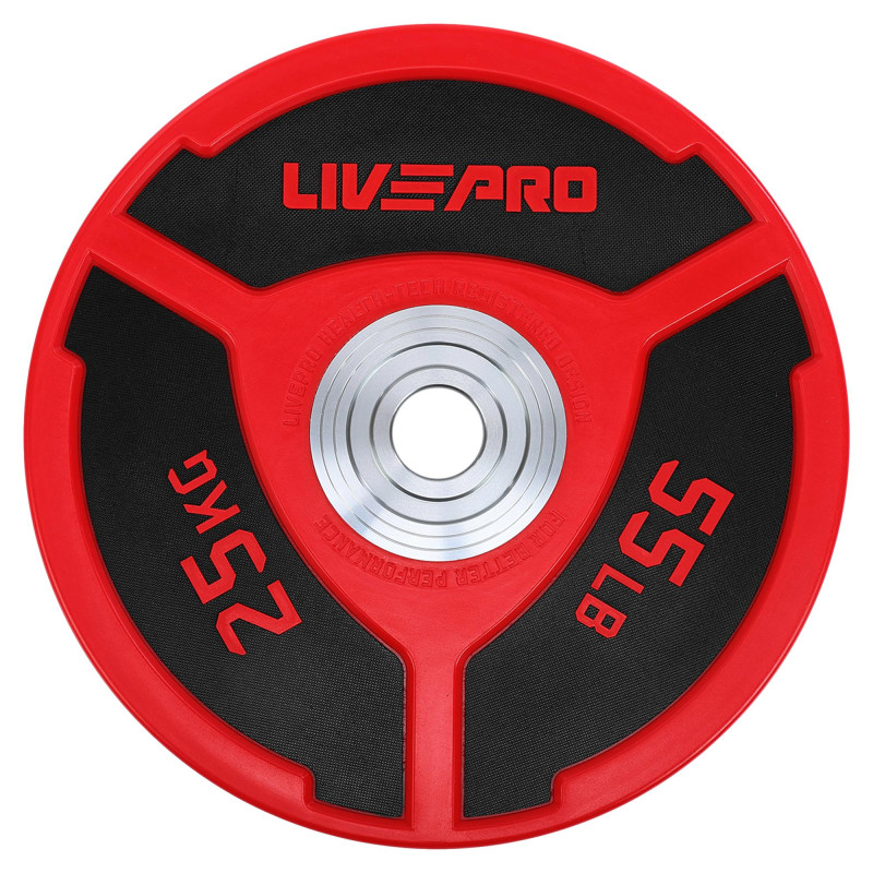 Бамперні диски поліуретанові Bumper Plates LiveUp LP8027-25 ø50.5мм 25кг червоний-чорний