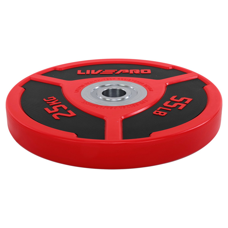 Бамперні диски поліуретанові Bumper Plates LiveUp LP8027-25 ø50.5мм 25кг червоний-чорний