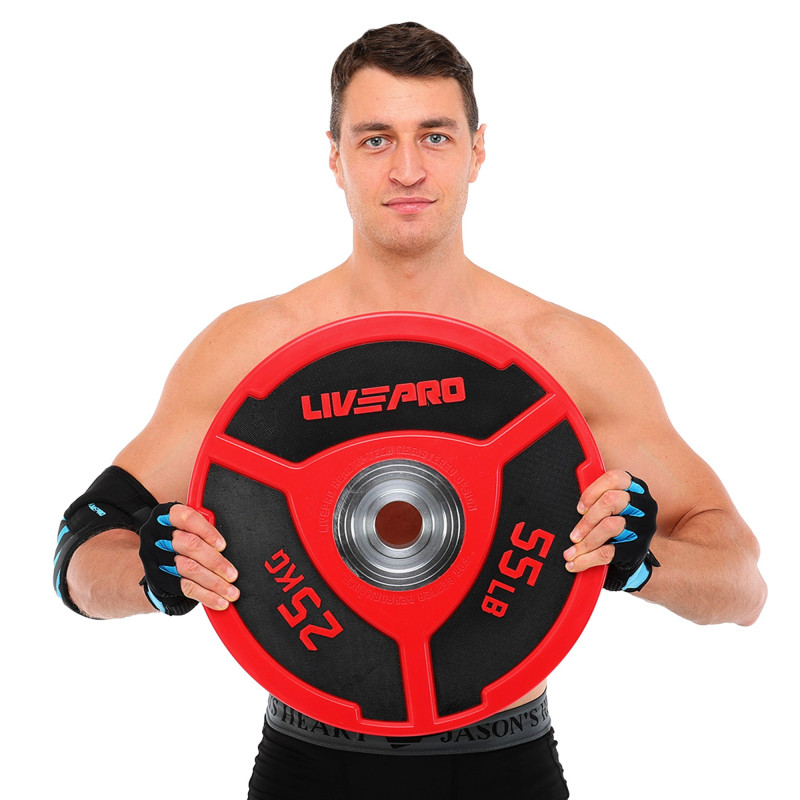 Бамперні диски поліуретанові Bumper Plates LiveUp LP8027-25 ø50.5мм 25кг червоний-чорний