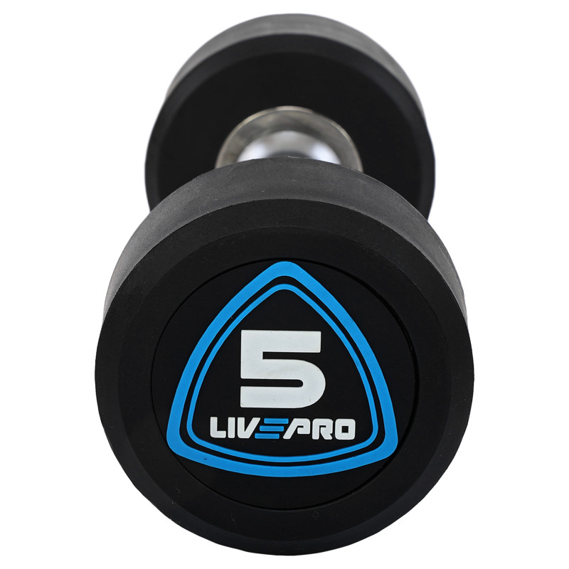 Гантелі цільні професійні з поліуретановим покриттям LiveUp LP8075-5 2шт по 5кг чорний-синій
