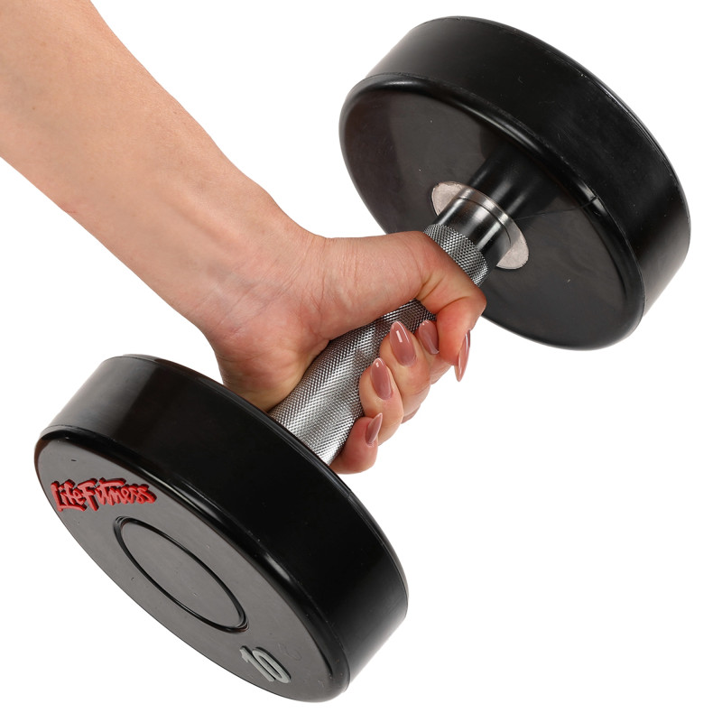 Гантель цільна професійна з поліуретановим покриттям LIFE FITNESS SC-80081-10 1шт 10кг чорний-червоний