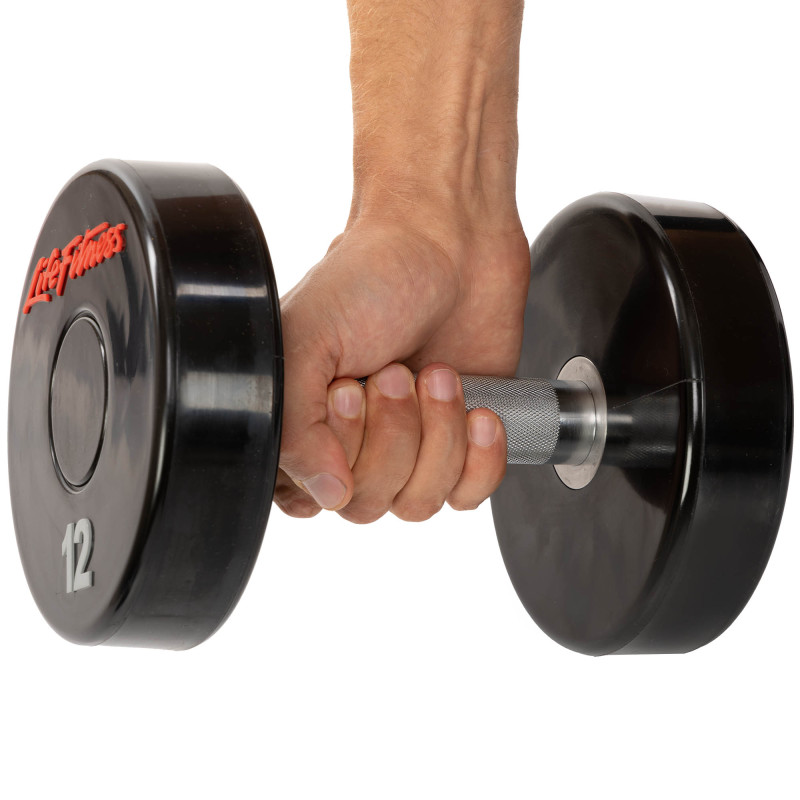 Гантель цільна професійна з поліуретановим покриттям LIFE FITNESS SC-80081-12 1шт 12кг чорний-червоний