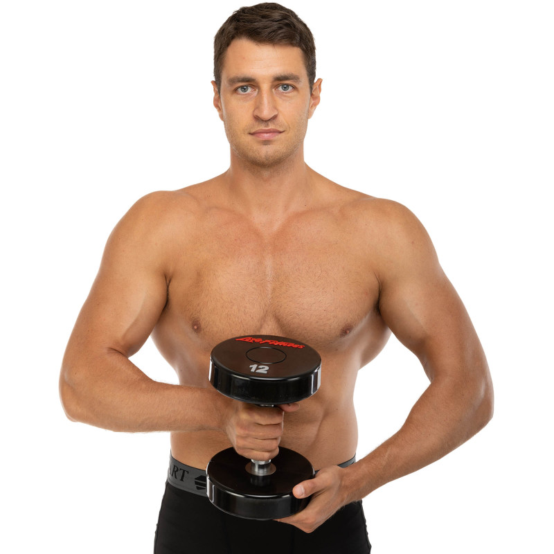 Гантель цільна професійна з поліуретановим покриттям LIFE FITNESS SC-80081-12 1шт 12кг чорний-червоний