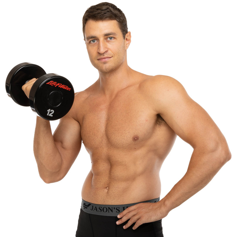 Гантель цільна професійна з поліуретановим покриттям LIFE FITNESS SC-80081-12 1шт 12кг чорний-червоний