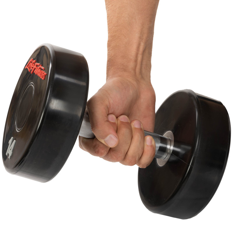 Гантель цільна професійна з поліуретановим покриттям LIFE FITNESS SC-80081-14 1шт 14кг чорний-червоний