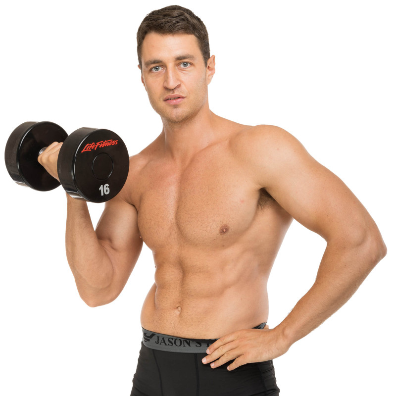 Гантель цільна професійна з поліуретановим покриттям LIFE FITNESS SC-80081-16 1шт 16кг чорний-червоний