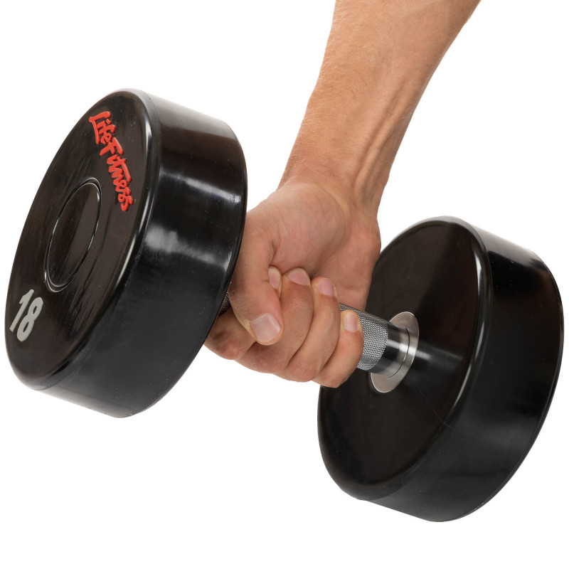 Гантель цільна професійна з поліуретановим покриттям LIFE FITNESS SC-80081-18 1шт 18кг чорний-червоний