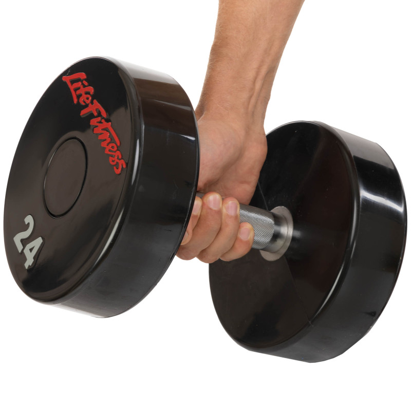 Гантель цільна професійна з поліуретановим покриттям LIFE FITNESS SC-80081-24 1шт 24кг чорний-червоний