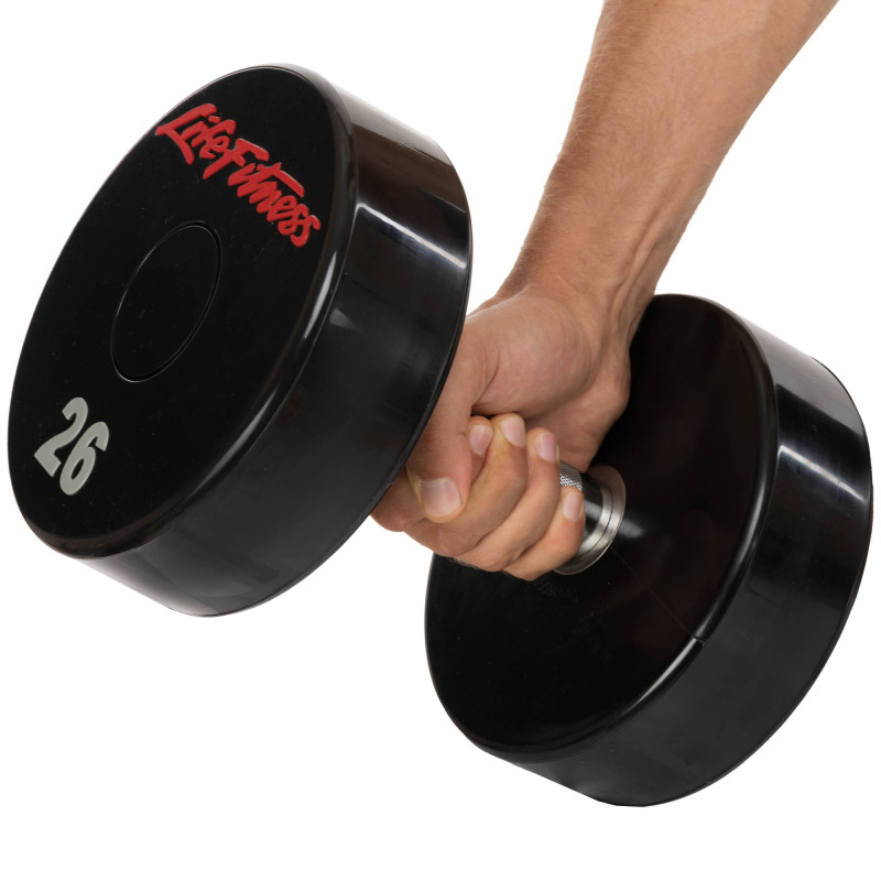 Гантель цільна професійна з поліуретановим покриттям LIFE FITNESS SC-80081-26 1шт 26кг чорний-червоний