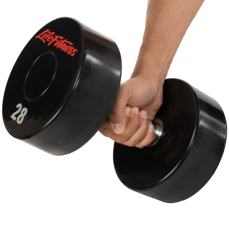 Гантель цільна професійна з поліуретановим покриттям LIFE FITNESS SC-80081-28 1шт 28кг чорний-червоний