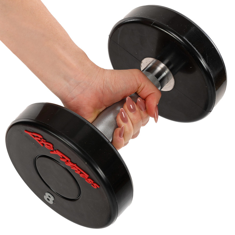 Гантель цільна професійна з поліуретановим покриттям LIFE FITNESS SC-80081-8 1шт 8кг чорний-червоний