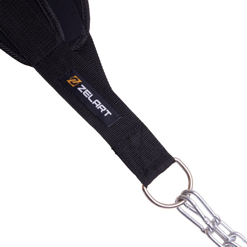 Пояс атлетичний для обтяження текстильний з ланцюгом та карабіном Zelart Dipping Belt TA-2647 спинка-20см чорний