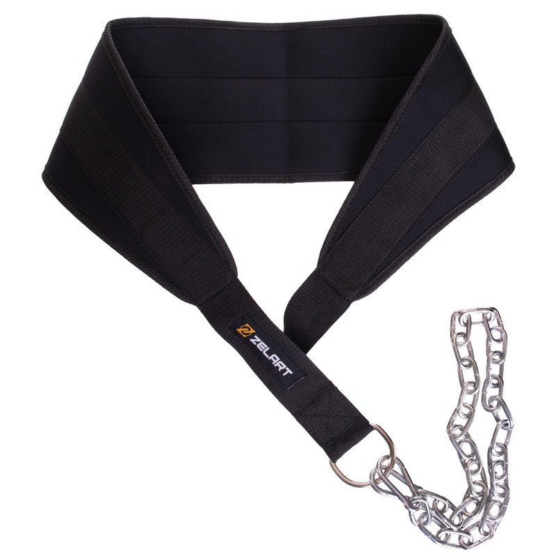 Пояс атлетичний для обтяження текстильний з ланцюгом та карабіном Zelart Dipping Belt TA-2647 спинка-20см чорний