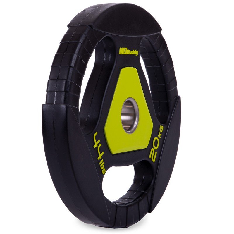 Млинці диски поліуретанові з потрійним хватом та металевою втулкою Zelart TA-2677-20 51мм 20кг чорний-салатовий