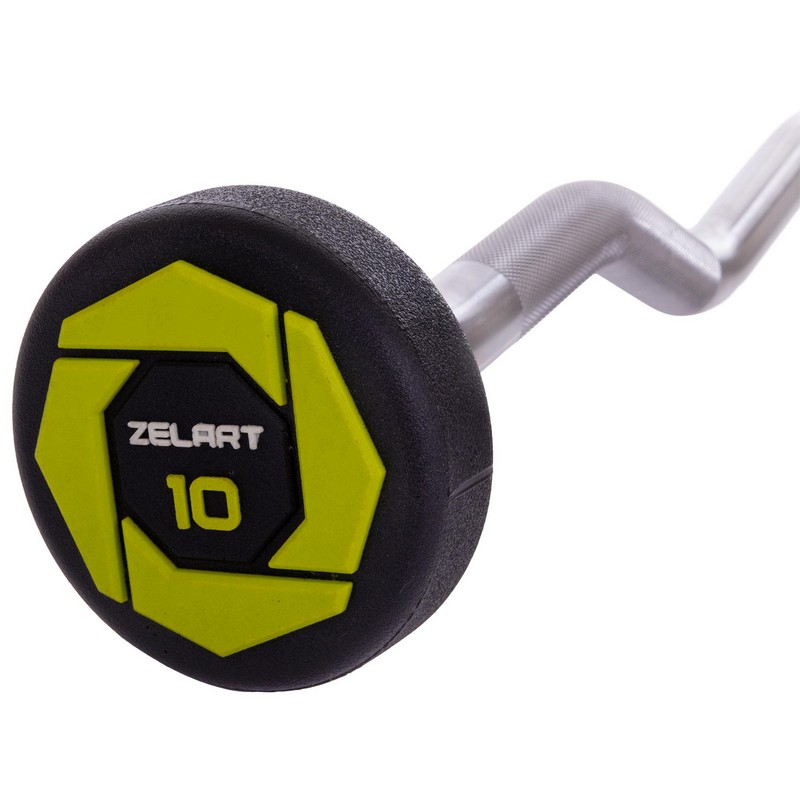 Штанга нерозбірна з фіксованою вагою вигнута поліуретанова Zelart Urethane Barbell TA-2690-10 довжина-102см 10кг чорний-салатовий