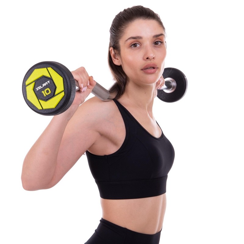 Штанга нерозбірна з фіксованою вагою вигнута поліуретанова Zelart Urethane Barbell TA-2690-10 довжина-102см 10кг чорний-салатовий